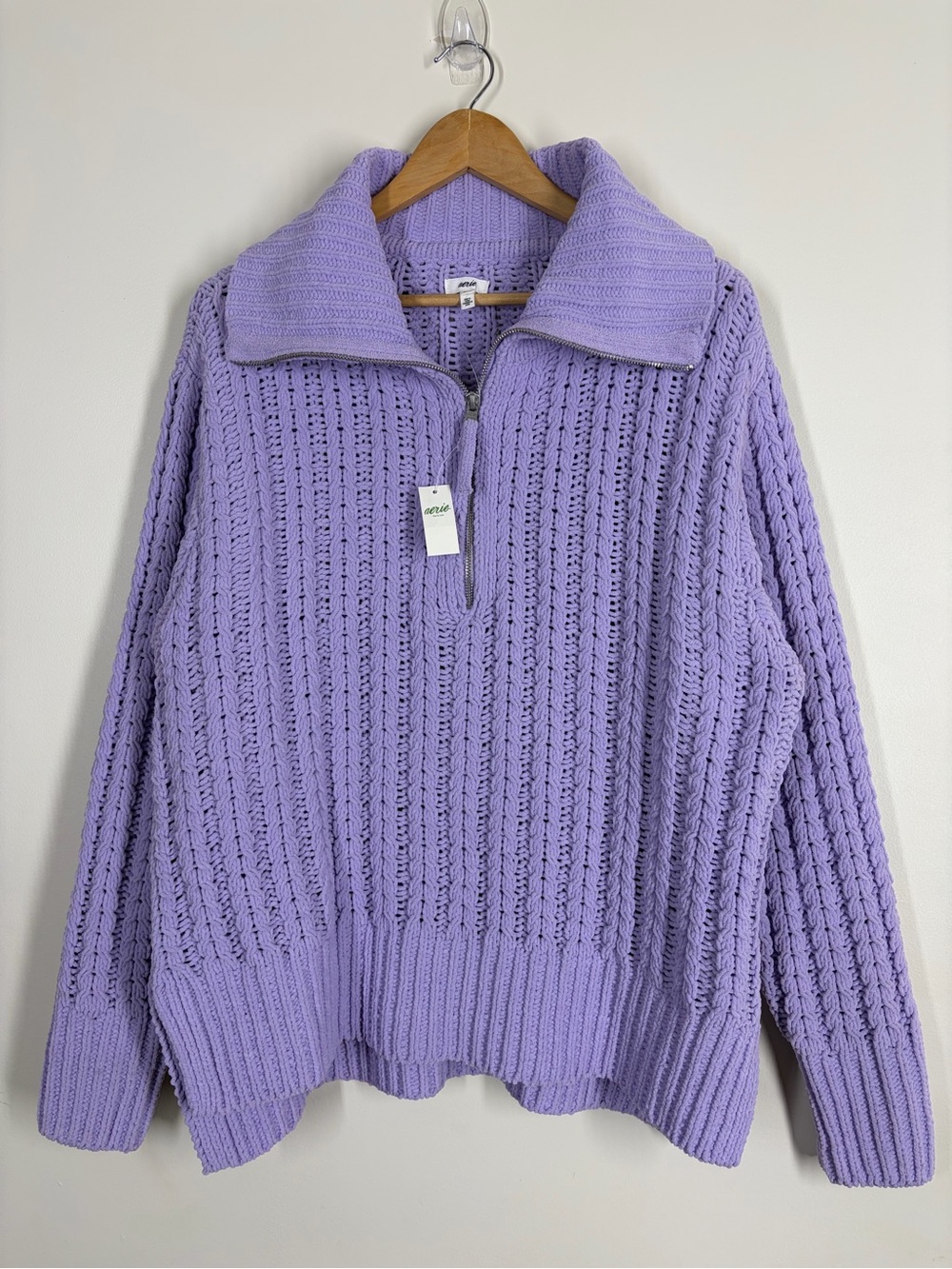 Aerie Cable Car Quarter Zip Sweater Lavender Purple Chunky Knit NWT